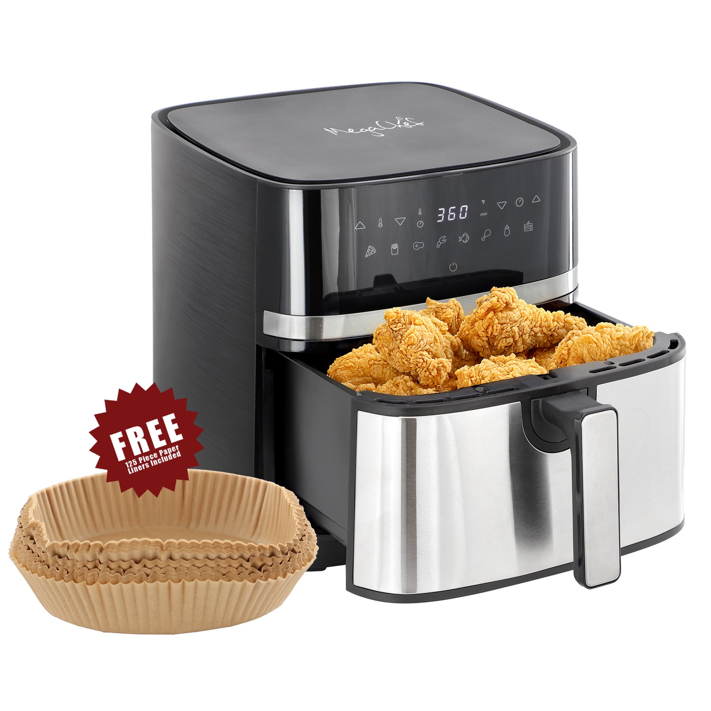 MegaChef 8.5 Qt Bundle Electric Air Fryer Black & Stainless Steel w 125 Liners