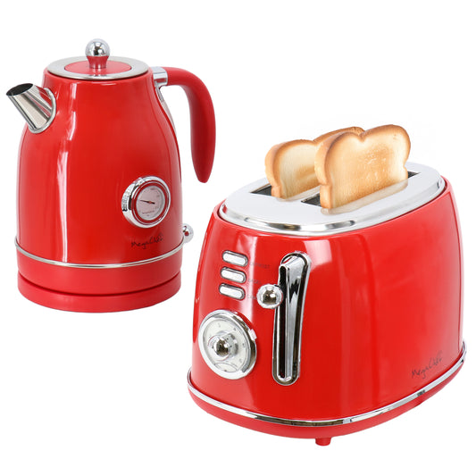 MegaChef 1.7 Liter Electric Tea Kettle & 2 Slice Toaster Combo in Red