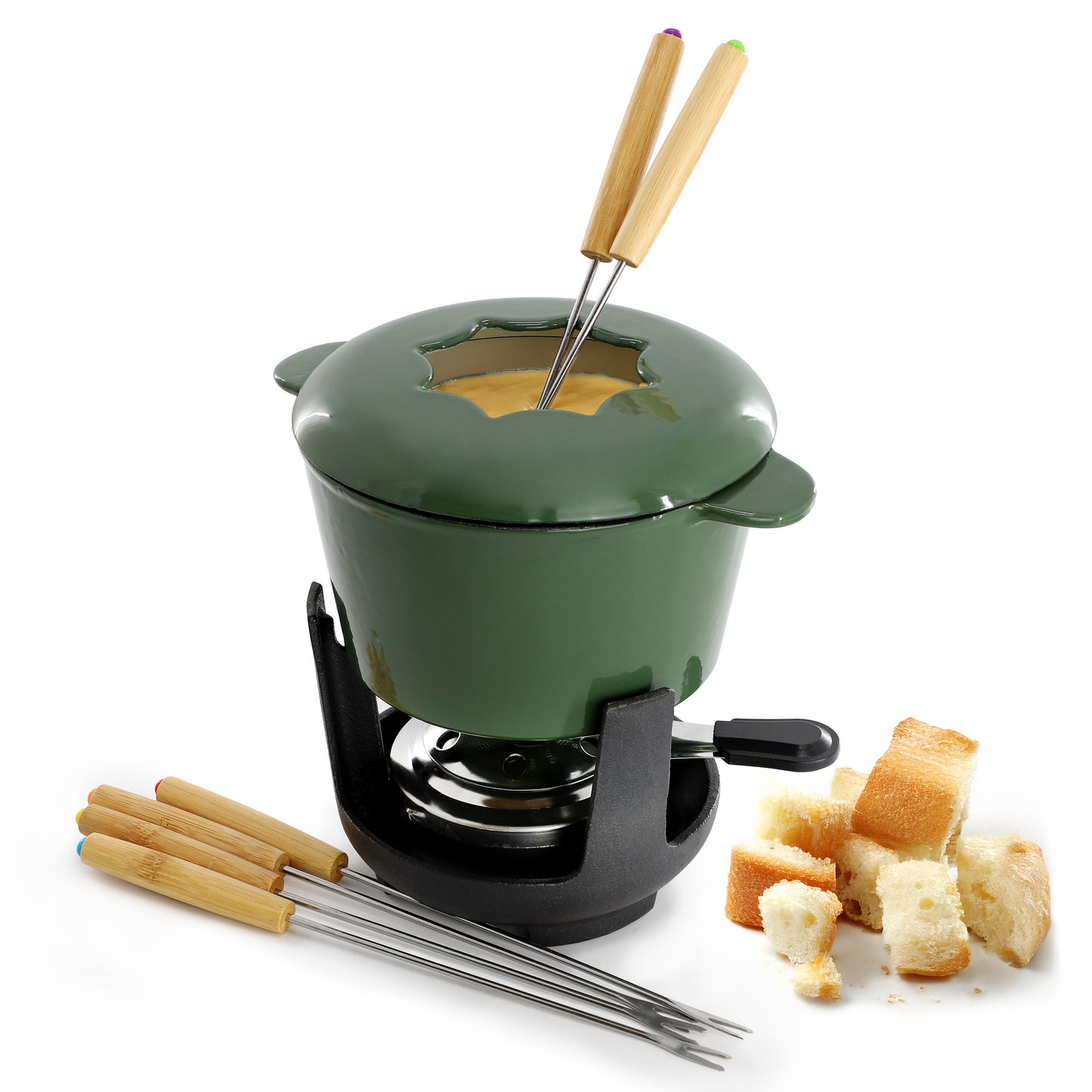 MegaChef Enameled Cast Iron Fondue Pot w 6 Serving Forks Green