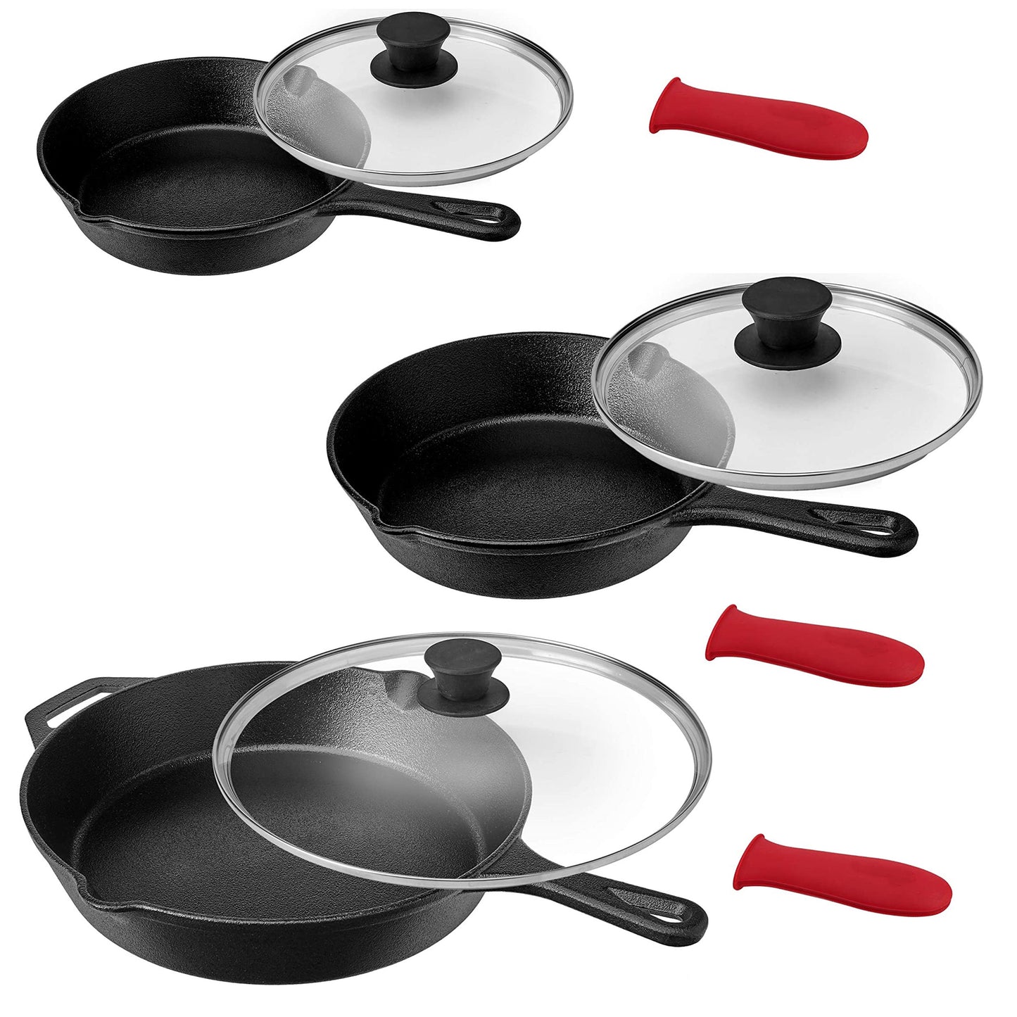 MegaChef Pre-Seasoned 9 pc Cast Iron Skillet Set w Lids & Red Silicone Holder