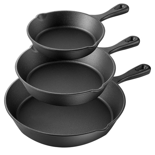 MegaChef Pre-Seasoned 3 Pc Cast Iron 6" 8" & 10" Skillet Set for Frying Sautéin