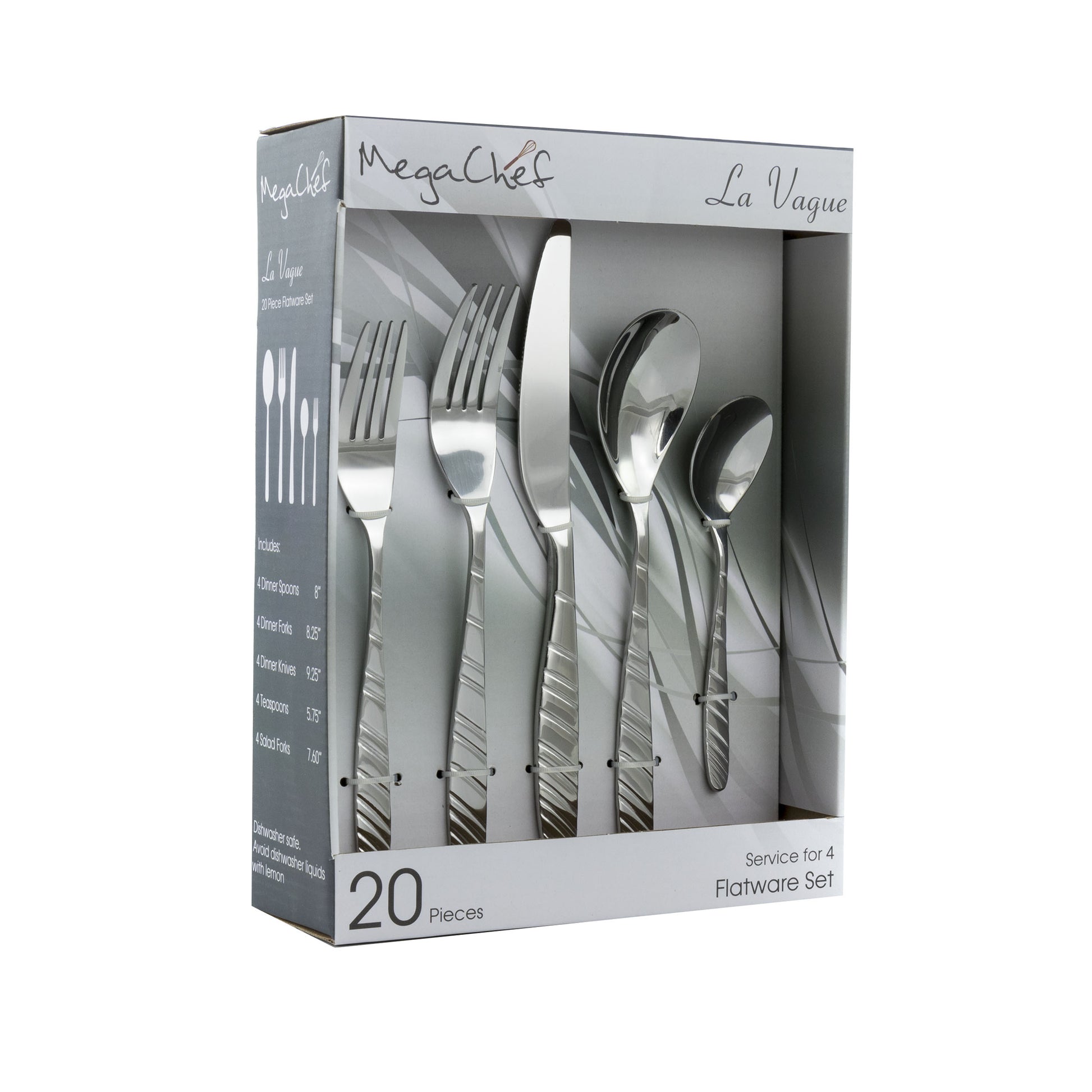 MegaChef La Vague 20 Piece Flatware Utensil Set Stainless Steel Silverware Met