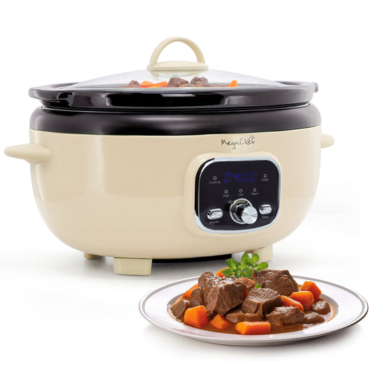 MegaChef 6.9 qt Oval Electric Digital Slow Cooker Cream w Black Pot