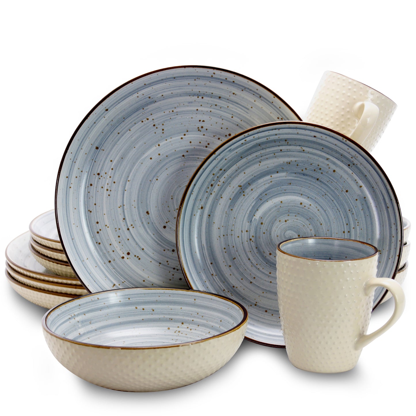 Elama Mellow Blue 16 Pc Speckled Stoneware Dinnerware Dish Set in Powder Blue