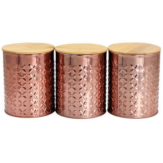 MegaChef 3 Piece Metallic Rose Gold Embossed Kitchen Canister Set w Bamboo Lids