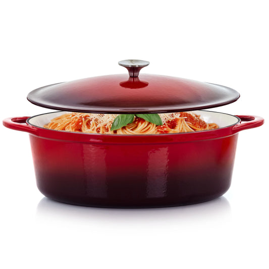 MegaChef 7 qts Oval Enameled Cast Iron Casserole in Red