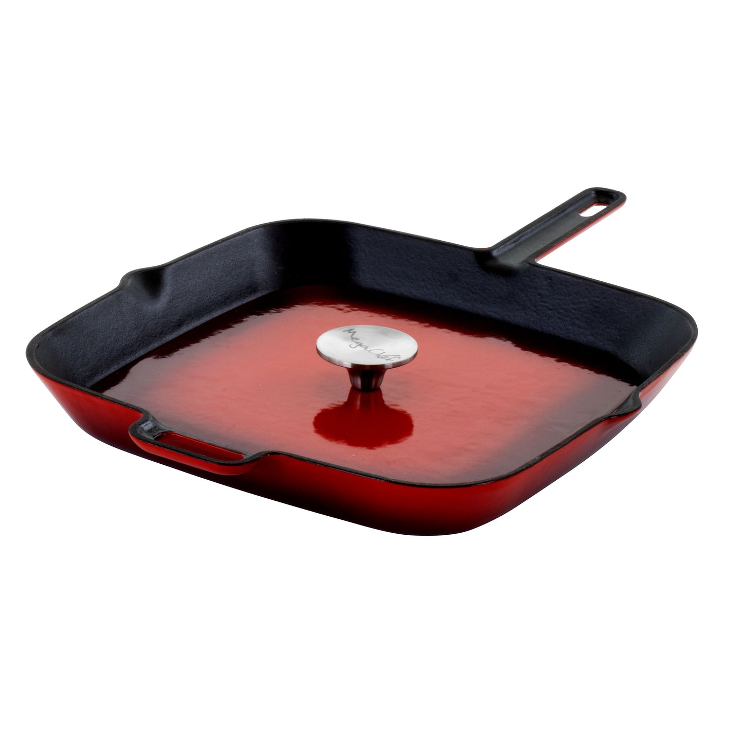 MegaChef 11" Square Enamel Cast Iron Grill Pan w Matching Grill Press in Red w