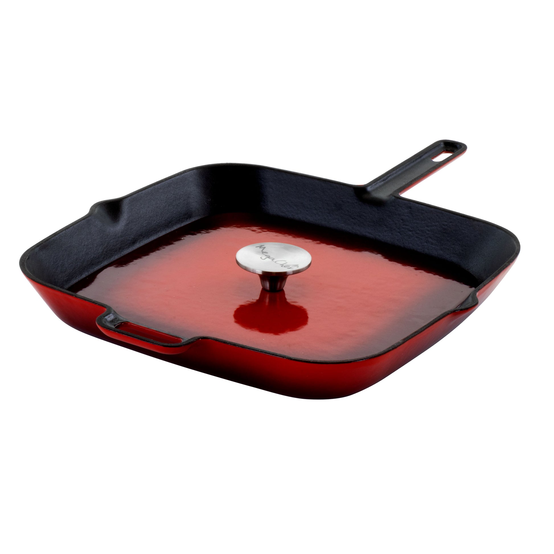 MegaChef 11" Square Enamel Cast Iron Grill Pan w Matching Grill Press in Red w