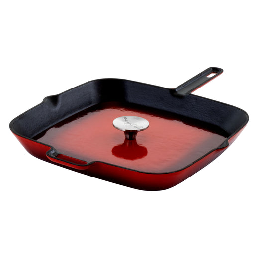 MegaChef 11" Square Enamel Cast Iron Grill Pan w Matching Grill Press in Red w