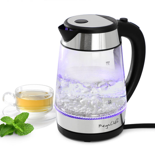 MegaChef 1.8 qt Glass & Stainless Steel Electric Tea Kettle Silver
