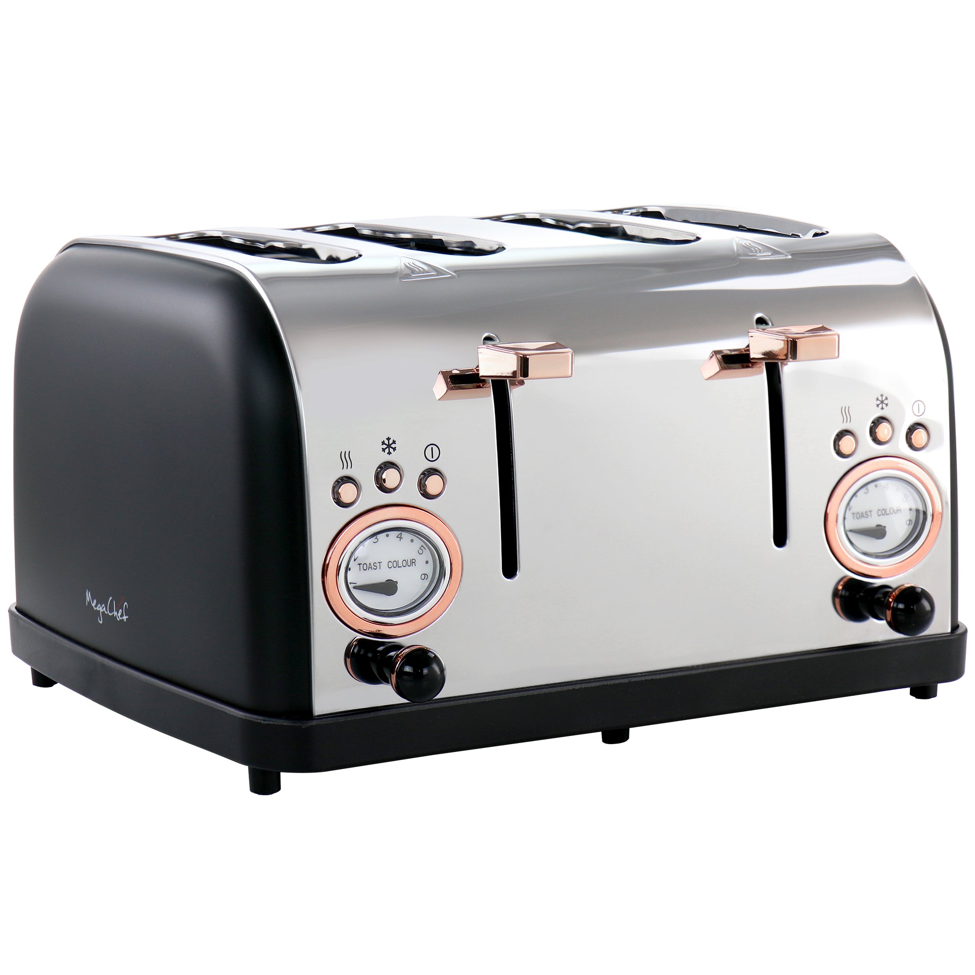 MegaChef 4 Slice Wide Slot Toaster w Variable Browning in Black & Rose Gold