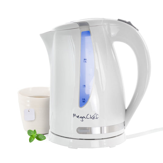 MegaChef 1.7 L Plastic White Electric Tea Kettle Auto Off Drip Free No Boil-Dry