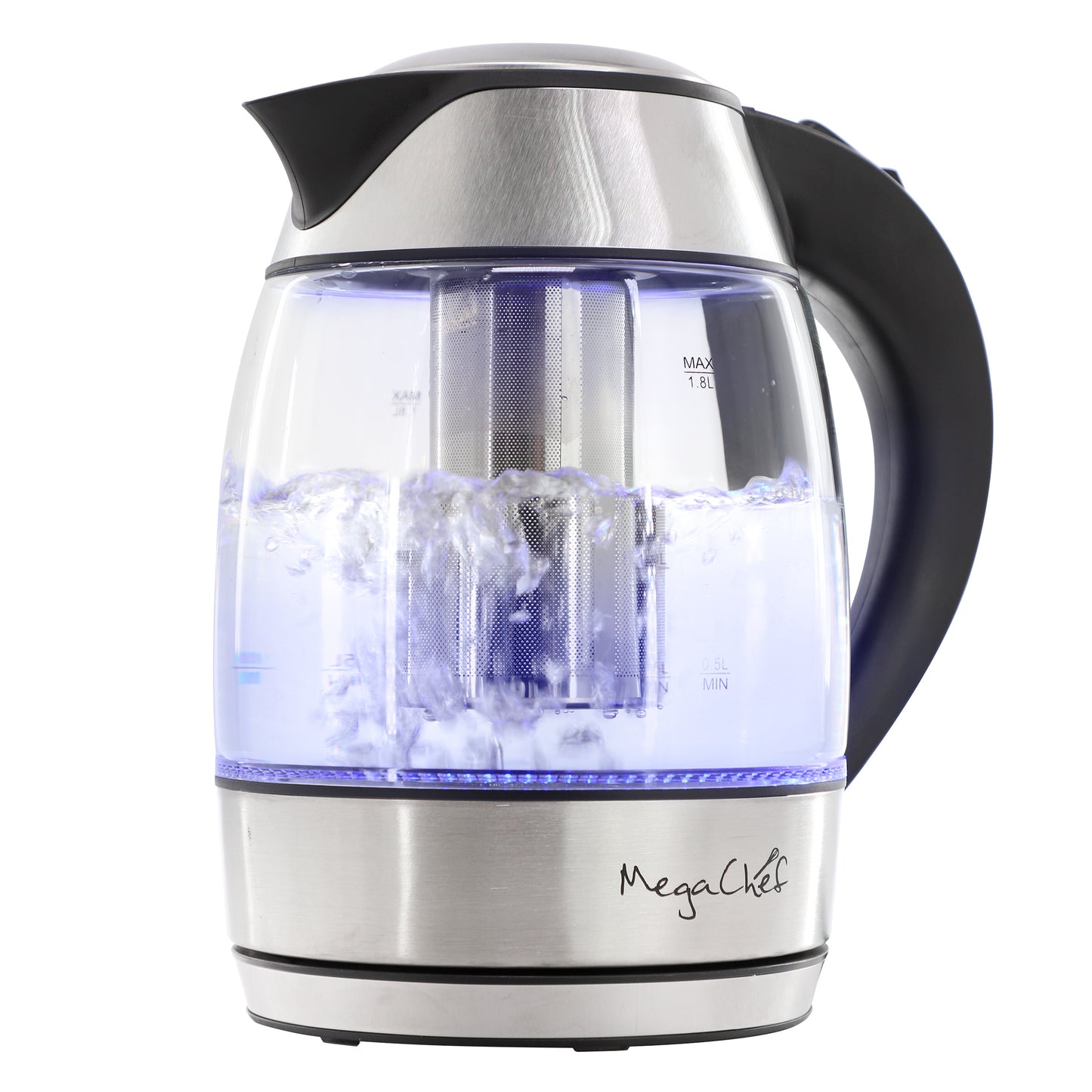 MegaChef 1.8Lt. Glass Body & Stainless Steel Electric Tea Kettle w Tea Infuser