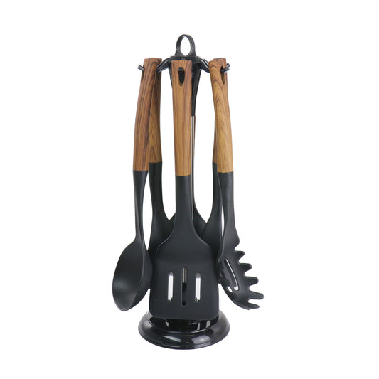 MegaChef Black Nylon Cooking Utensils w Wood Design Set of 7