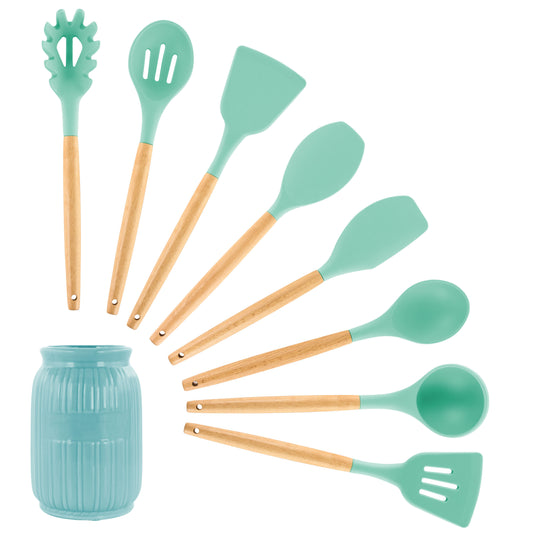 MegaChef Mint Green Silicone & Wood Cooking Utensils Set of 9