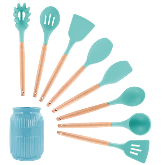 MegaChef Light Teal Silicone & Wood Cooking Utensils Set of 9