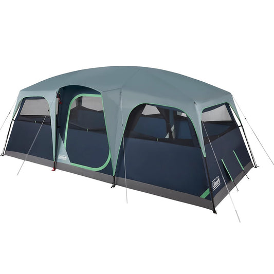 A large Coleman 10 person tent in two-tone blue with two doors and eight windows