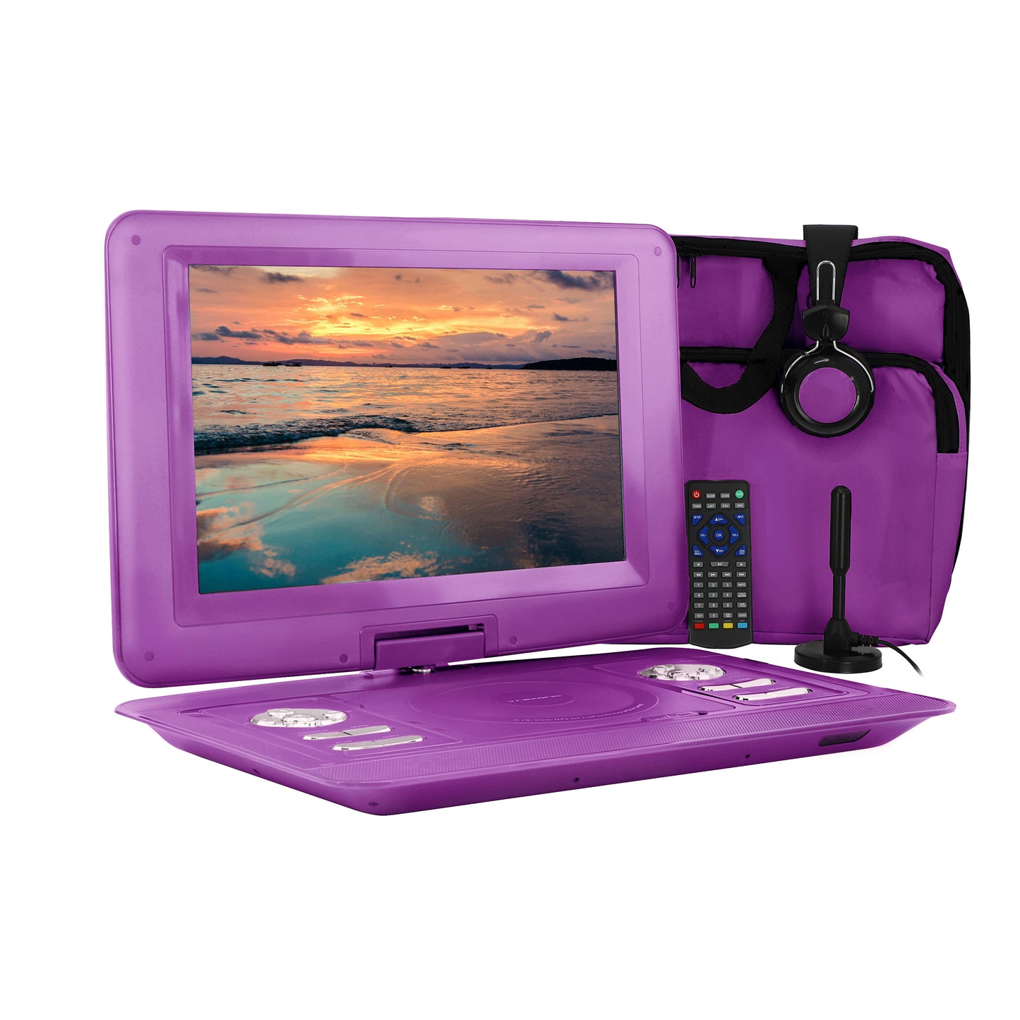 Trexonic PURPLE 14.1” Portable Folding TV DVD Player Swivel TFT LCD w Extras!