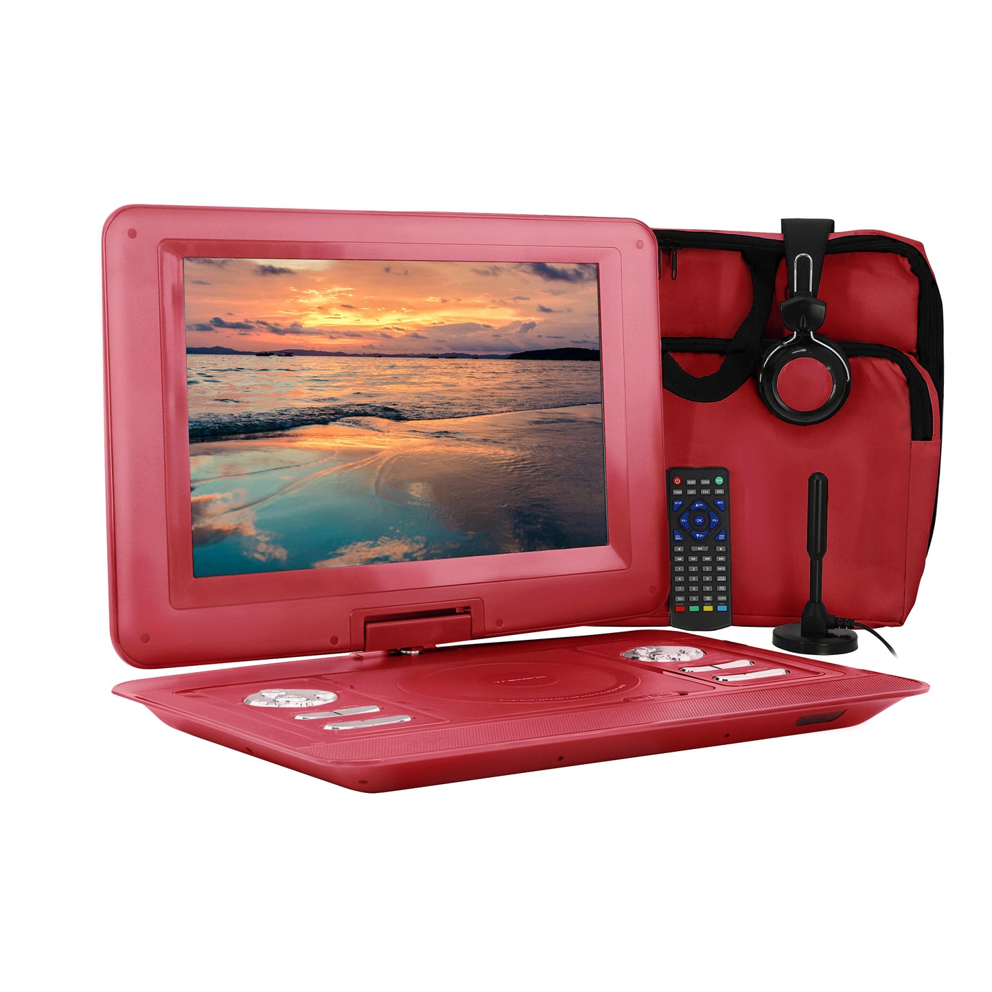 Trexonic RED 14.1” Portable Folding TV DVD Player Swivel TFT LCD HDMI w Extras