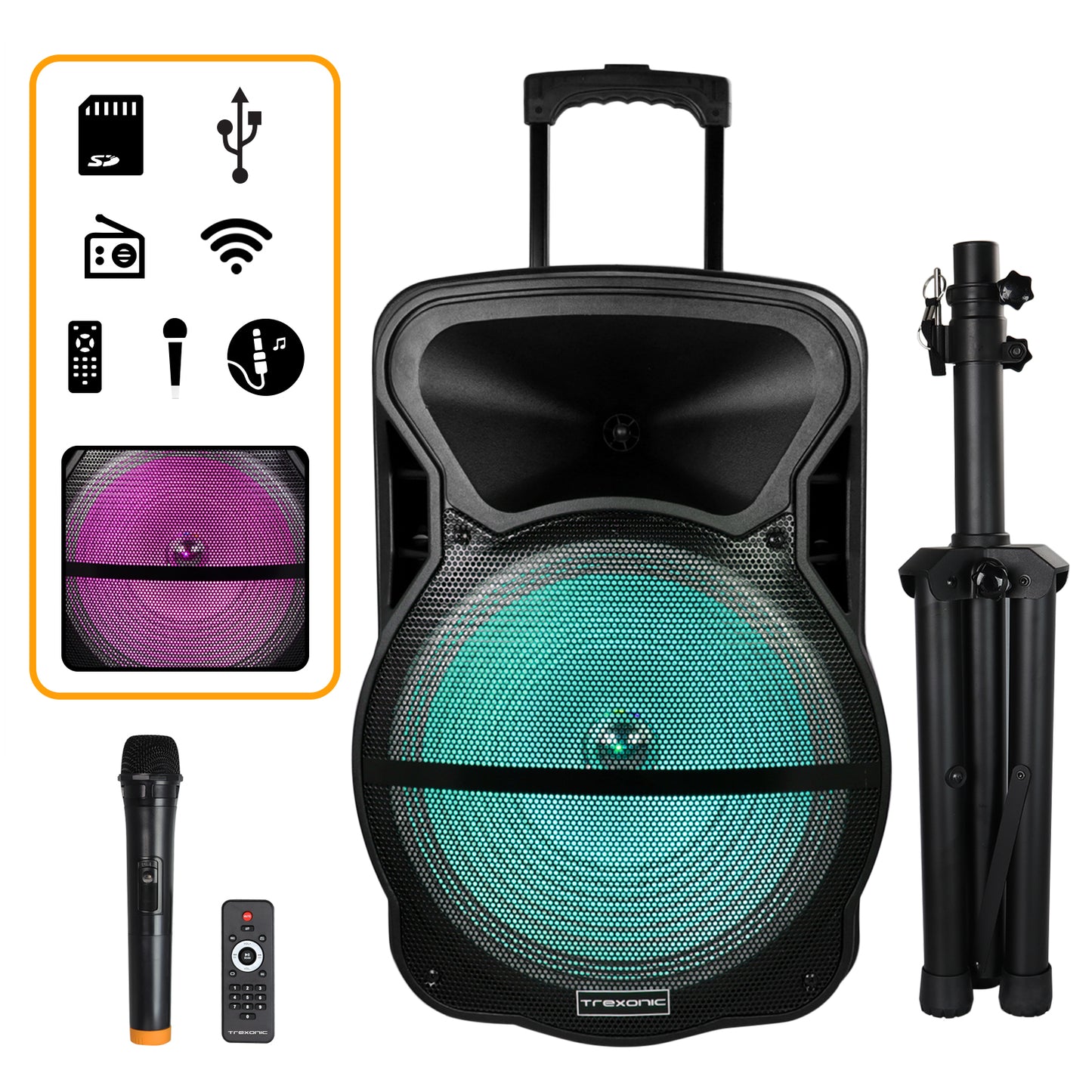 Trexonic 15" 900W Bluetooth Portable Speaker & Tripod Stand w Lights USB TF FM
