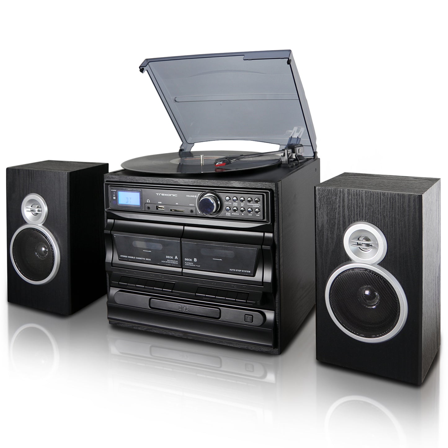 Trexonic 811BS 3-Speed Turntable Dual Cassette CD Record Player with USB AUX SD