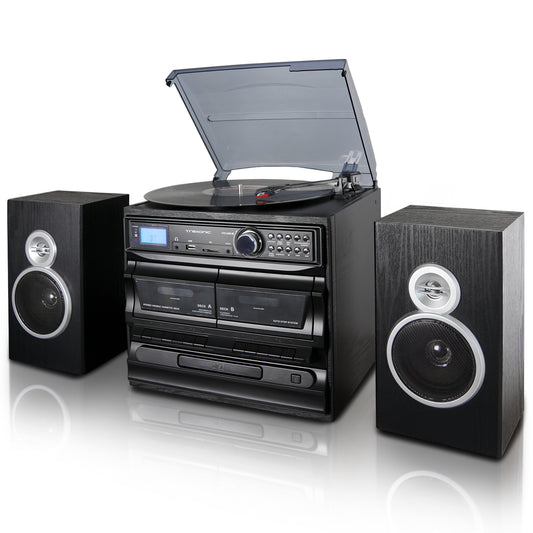 Trexonic 811BS 3-Speed Turntable Dual Cassette CD Record Player with USB AUX SD