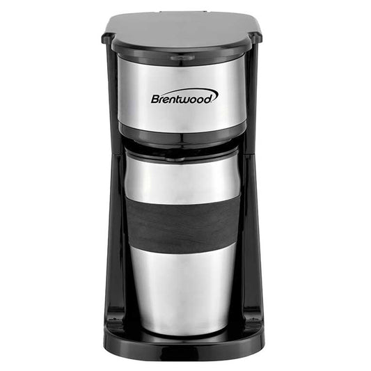 Brentwood Portable Single Serve Coffee Maker w 14oz Travel Mug in Black