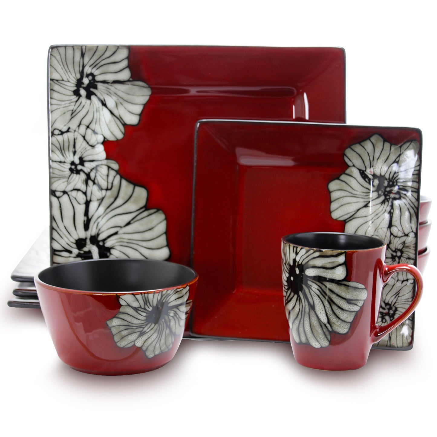 Elama Winter Bloom 16 pc Red Square Floral Stoneware Dinnerware Set Hibiscus