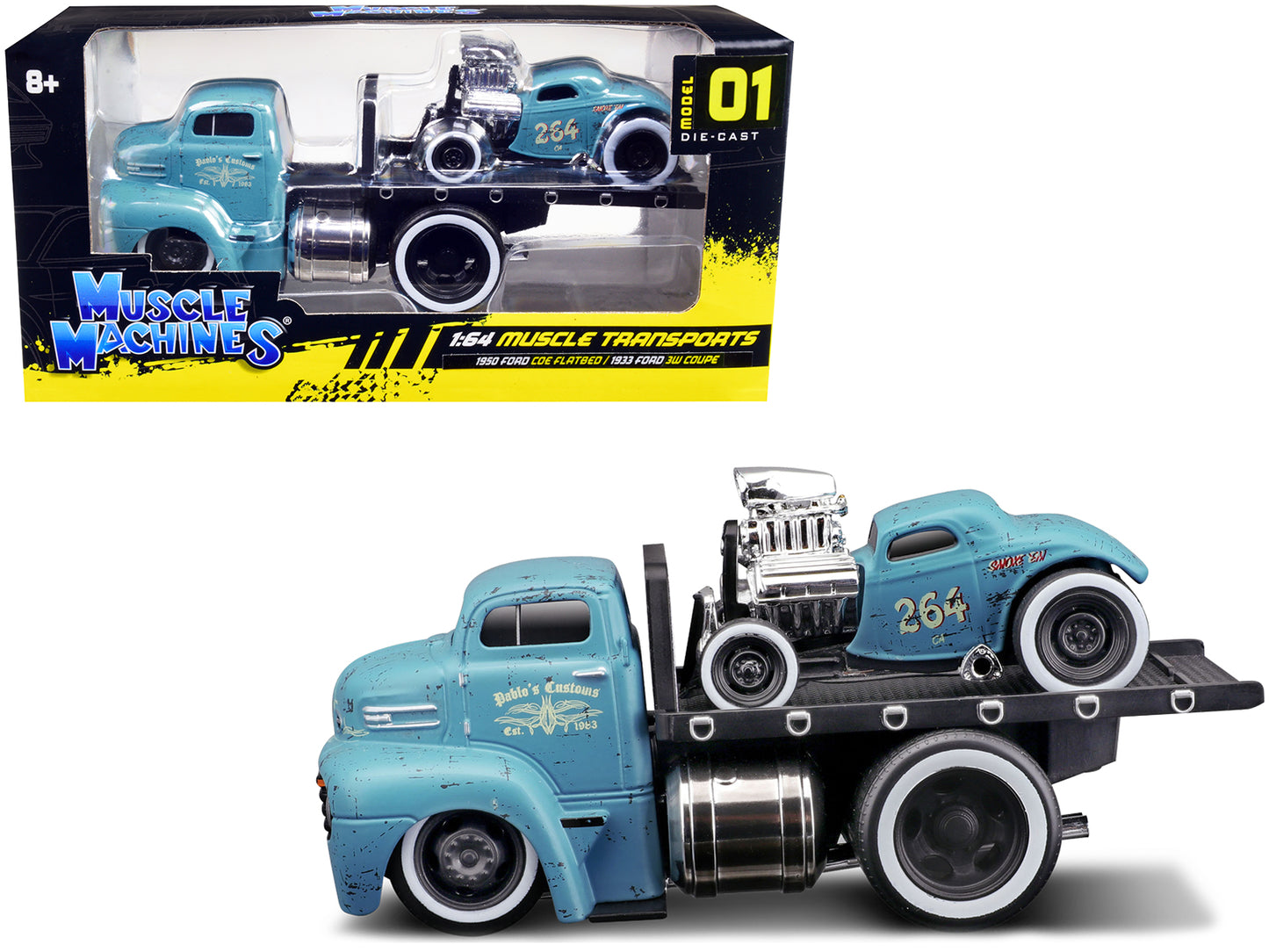 1950 Ford COE Flatbed Truck & 1933 Ford 3W Coupe #264 Matt Light Blue Graphics (Weathered) Pablo's Customs Muscle Transports Series 1/64 Diecast Cars Muscle Machines