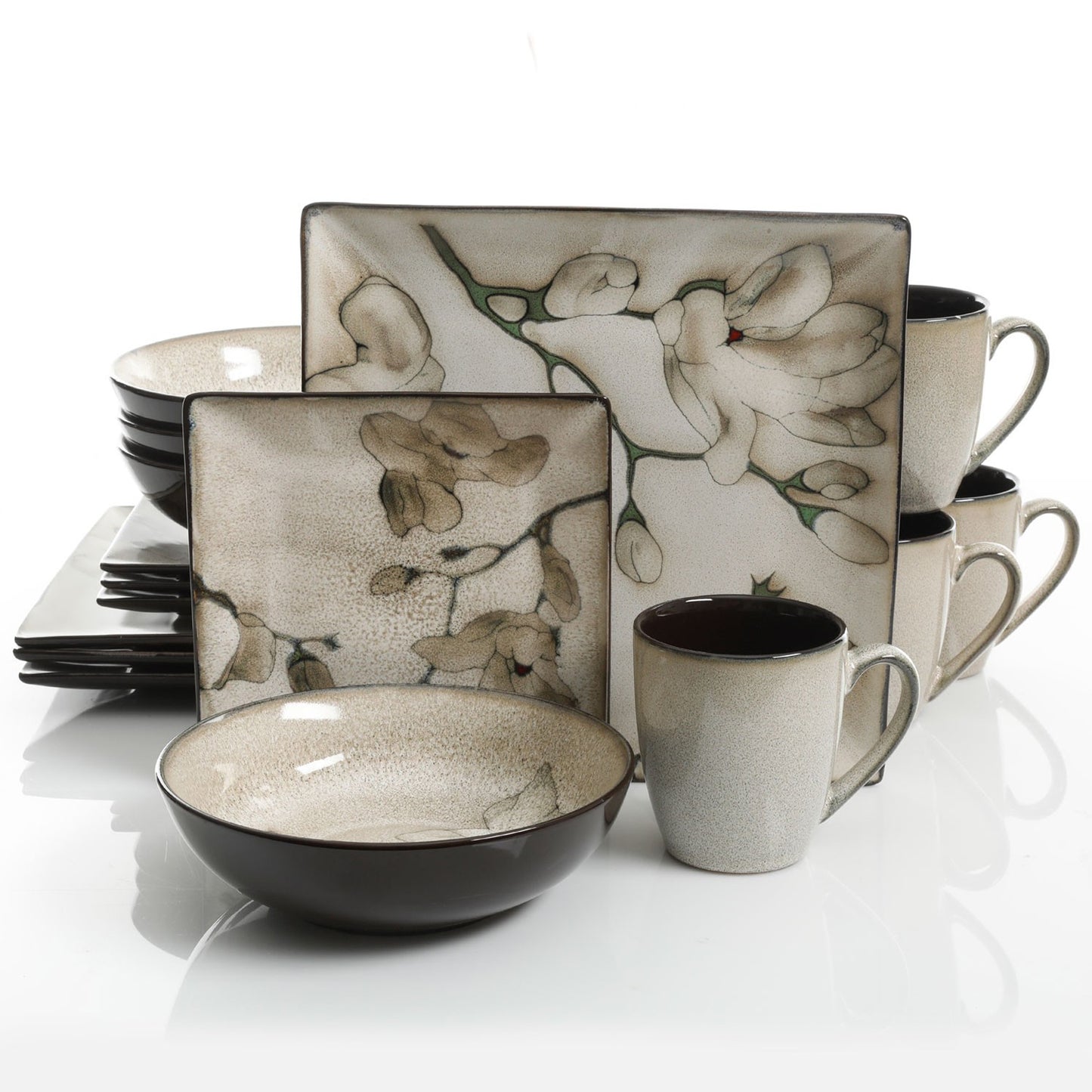 Gibson Elite Clarice 16 Piece Square Stoneware Dinnerware Set in Cream and Flora