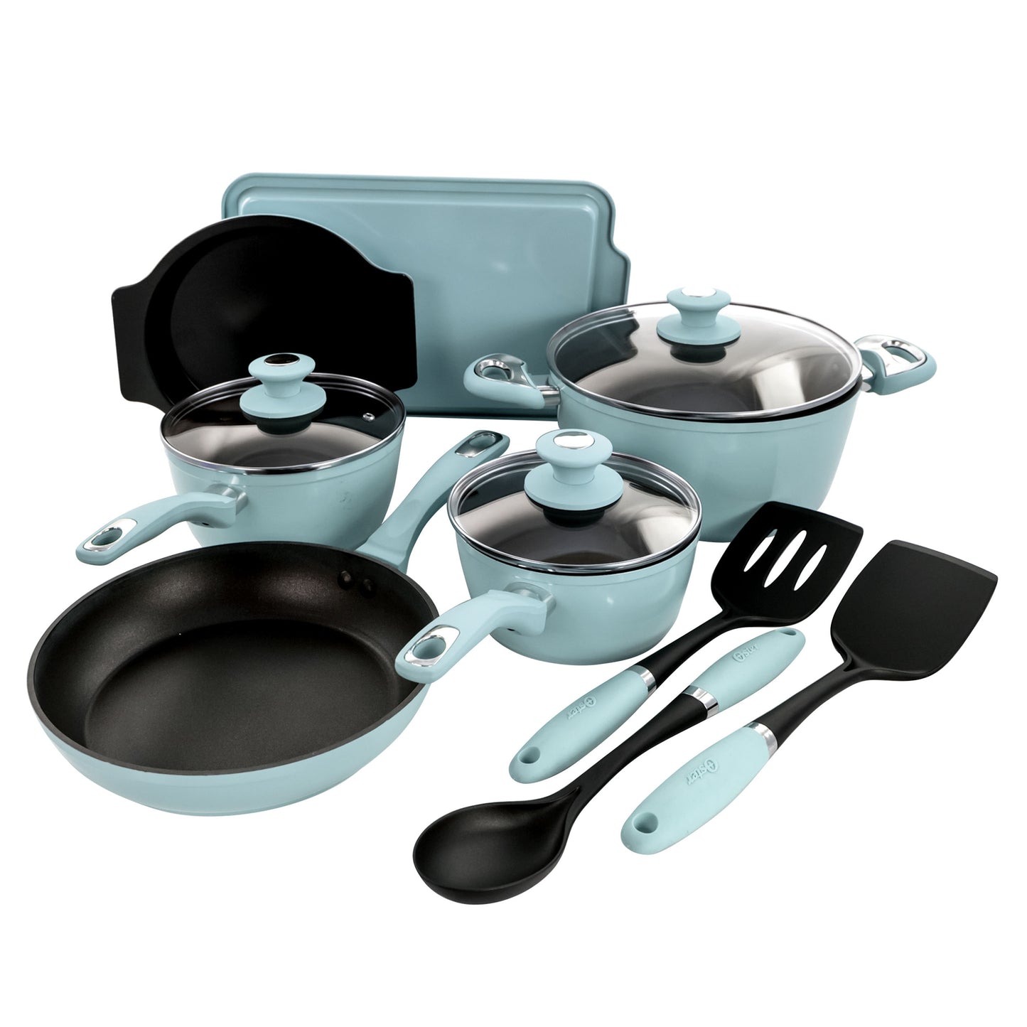 Oster Lynhurst 12 Piece Nonstick Aluminum Cookware Set in Blue with Kitchen Tool