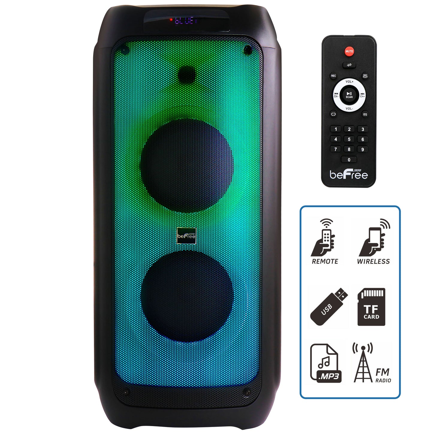 beFree Sound 2 x 8" Wireless Rechargeable Bluetooth Party Speaker with LED Illuminating Lights