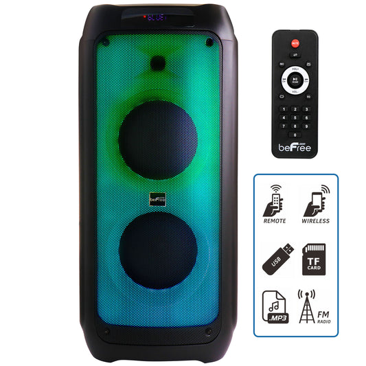 beFree Sound 2 x 8" Wireless Rechargeable Bluetooth Party Speaker with LED Illuminating Lights